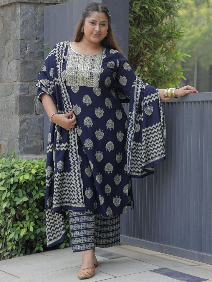 Blue Printed Silk Blend Straight Kurta With Trousers & Dupatta - Libas