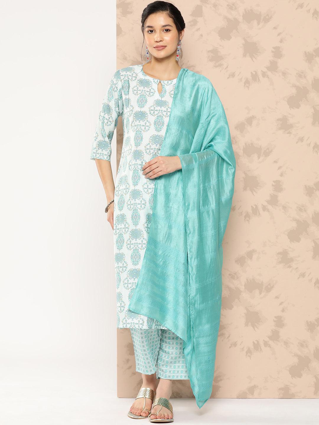 Blue Printed Silk Blend Straight Kurta With Trousers and Dupatta - Libas