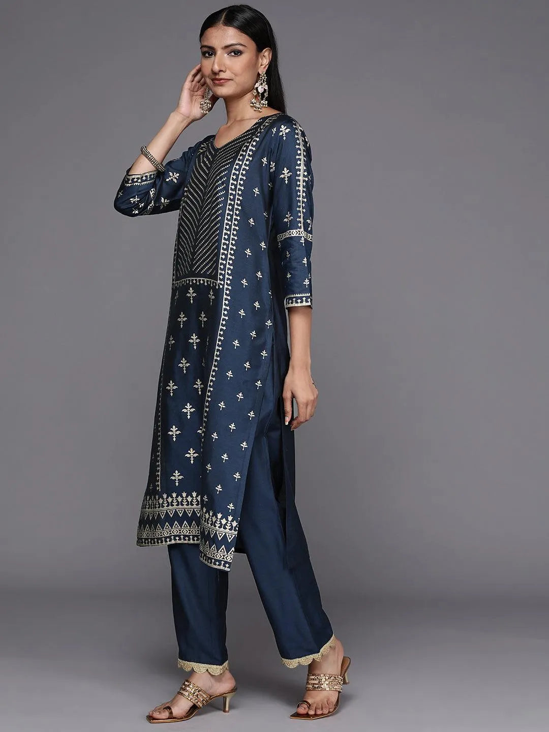 Blue Printed Silk Blend Straight Suit Set - Libas