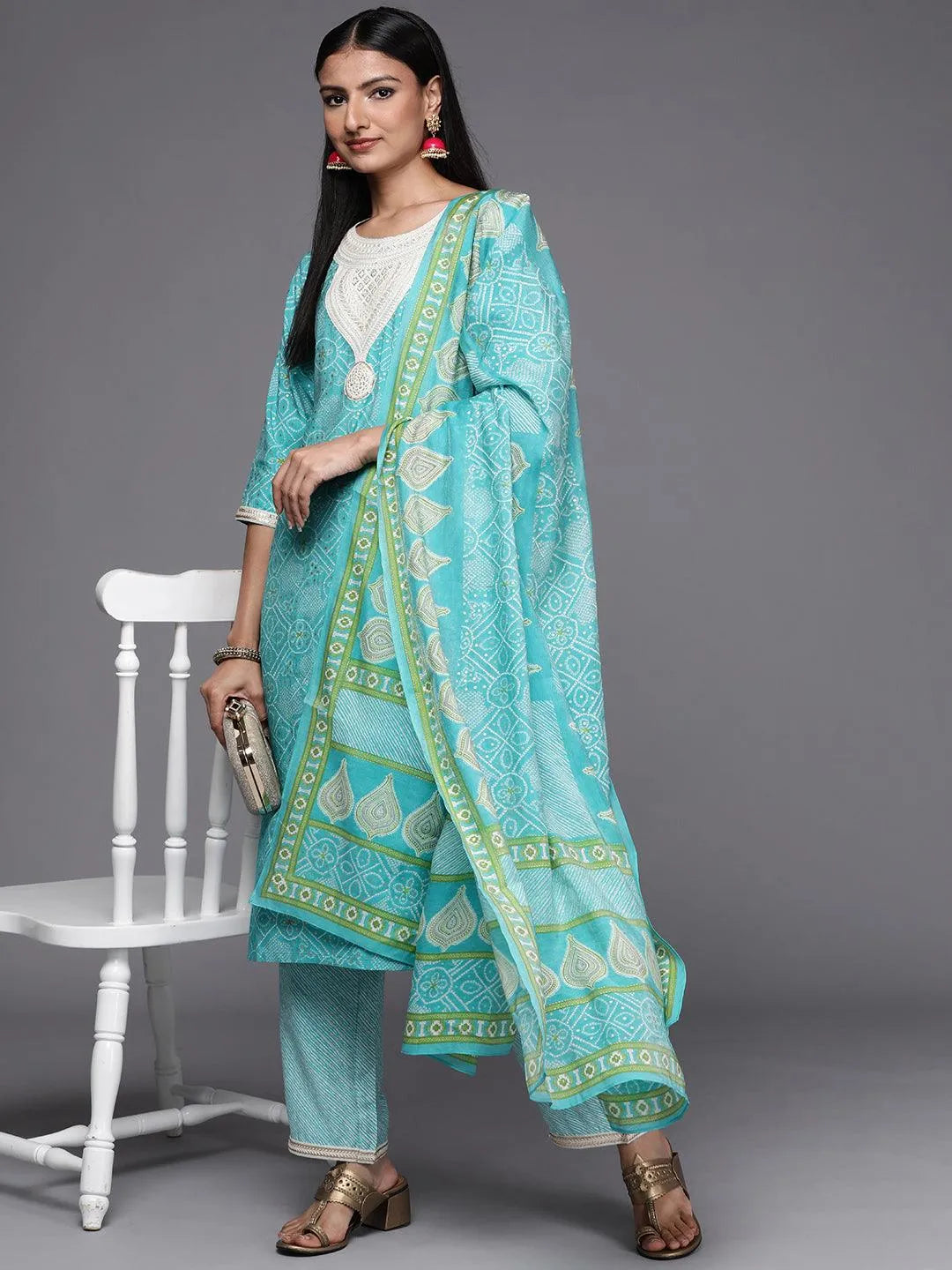 Blue Printed Silk Blend Straight Suit Set - Libas