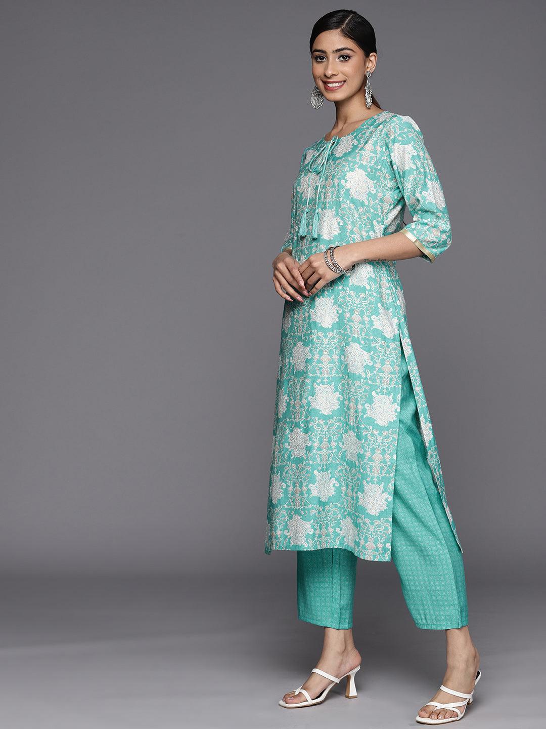 Blue Printed Silk Blend Straight Suit Set With Trousers - Libas