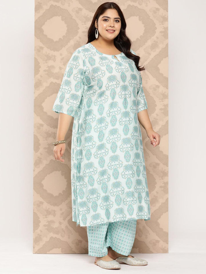 Blue Printed Silk Blend Straight Kurta With Trousers and Dupatta - Libas