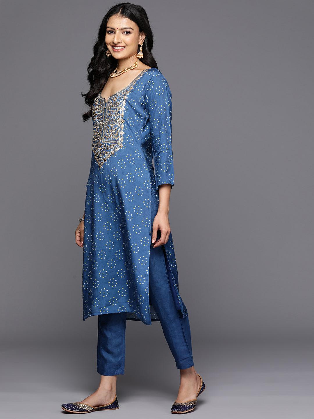 Blue Printed Silk Blend Straight Kurta With Trousers & Dupatta - Libas