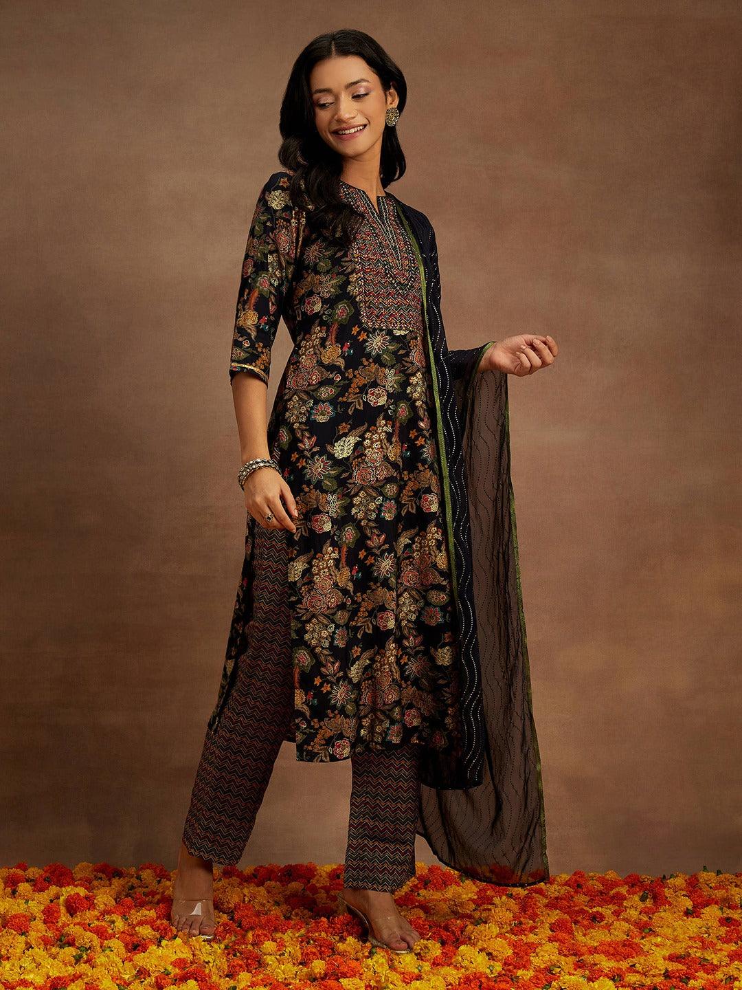 Blue Printed Silk Blend Straight Kurta With Trousers & Dupatta - Libas