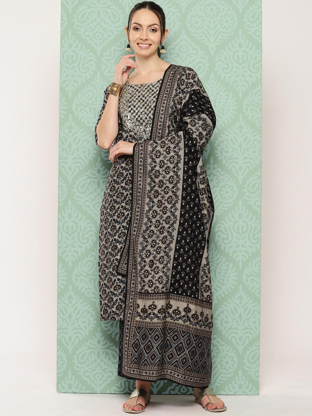 Blue Printed Silk Blend Straight Kurta With Trousers & Dupatta - Libas 