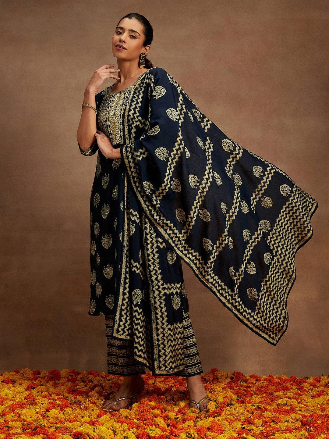 Blue Printed Silk Blend Straight Kurta With Trousers & Dupatta - Libas 