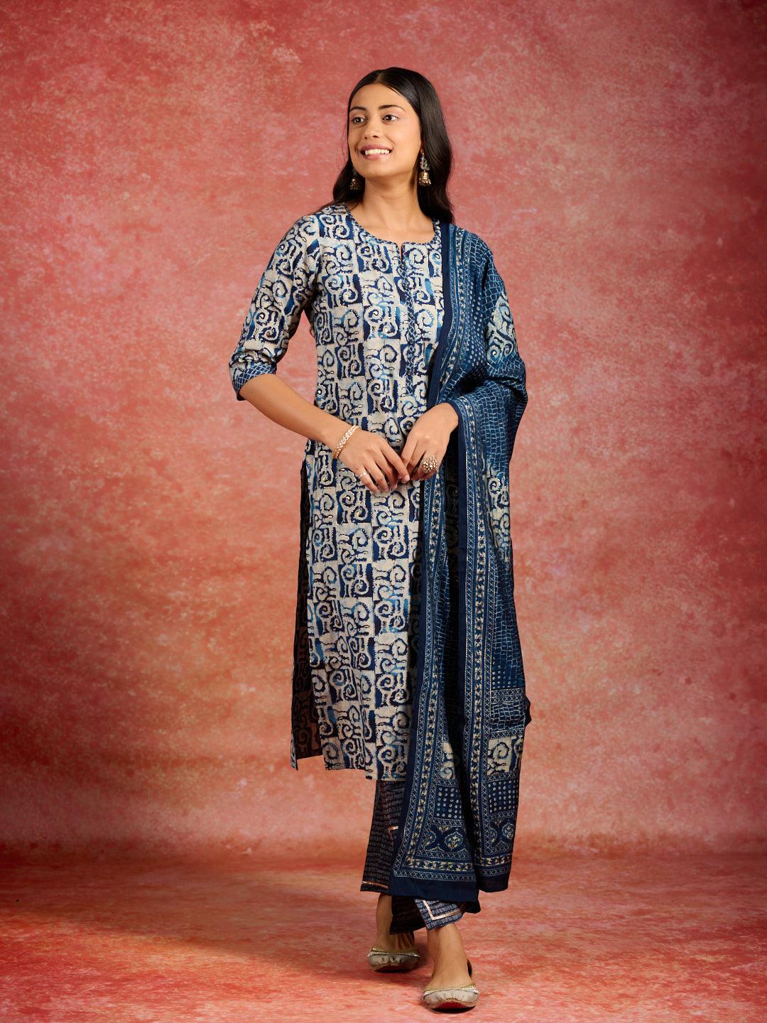 Blue Printed Silk Blend Straight Kurta With Trousers & Dupatta - Libas