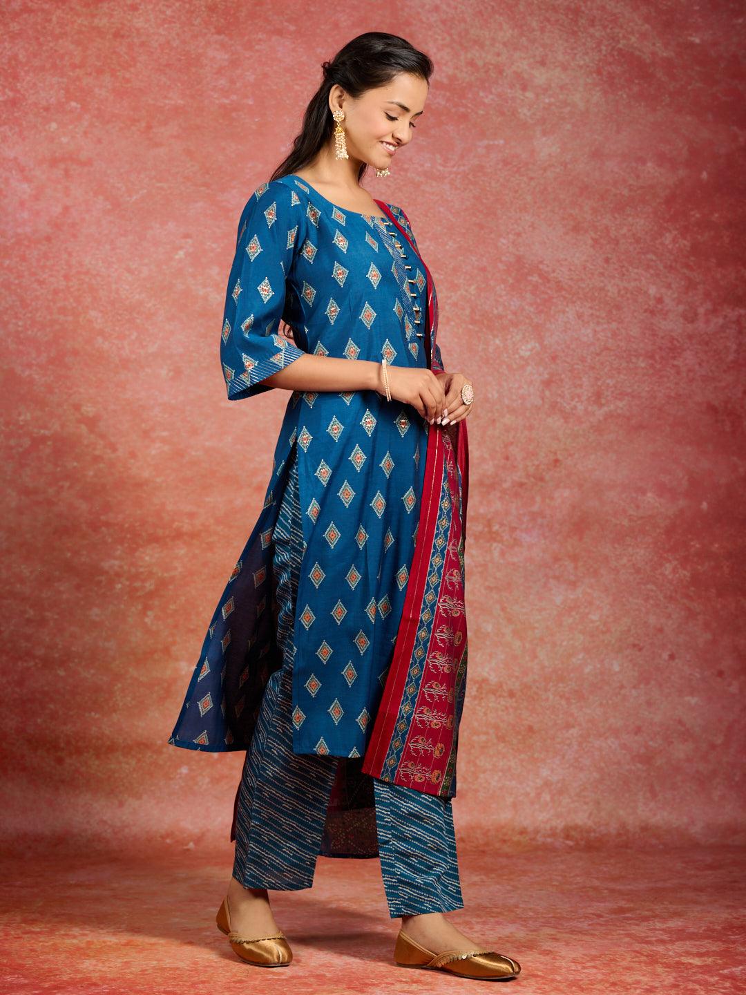 Blue Printed Silk Blend Straight Kurta With Trousers & Dupatta - Libas 