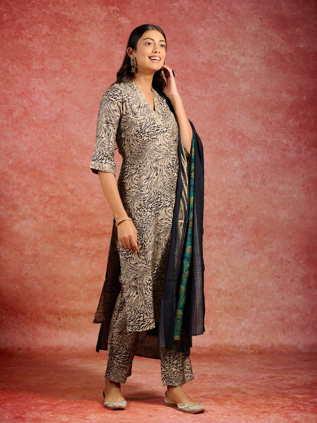 Blue Printed Silk Blend Straight Kurta With Trousers & Dupatta - Libas