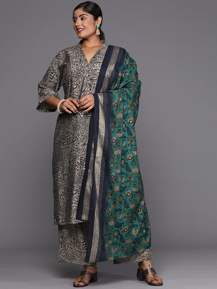 Blue Printed Silk Blend Straight Kurta With Trousers & Dupatta - Libas