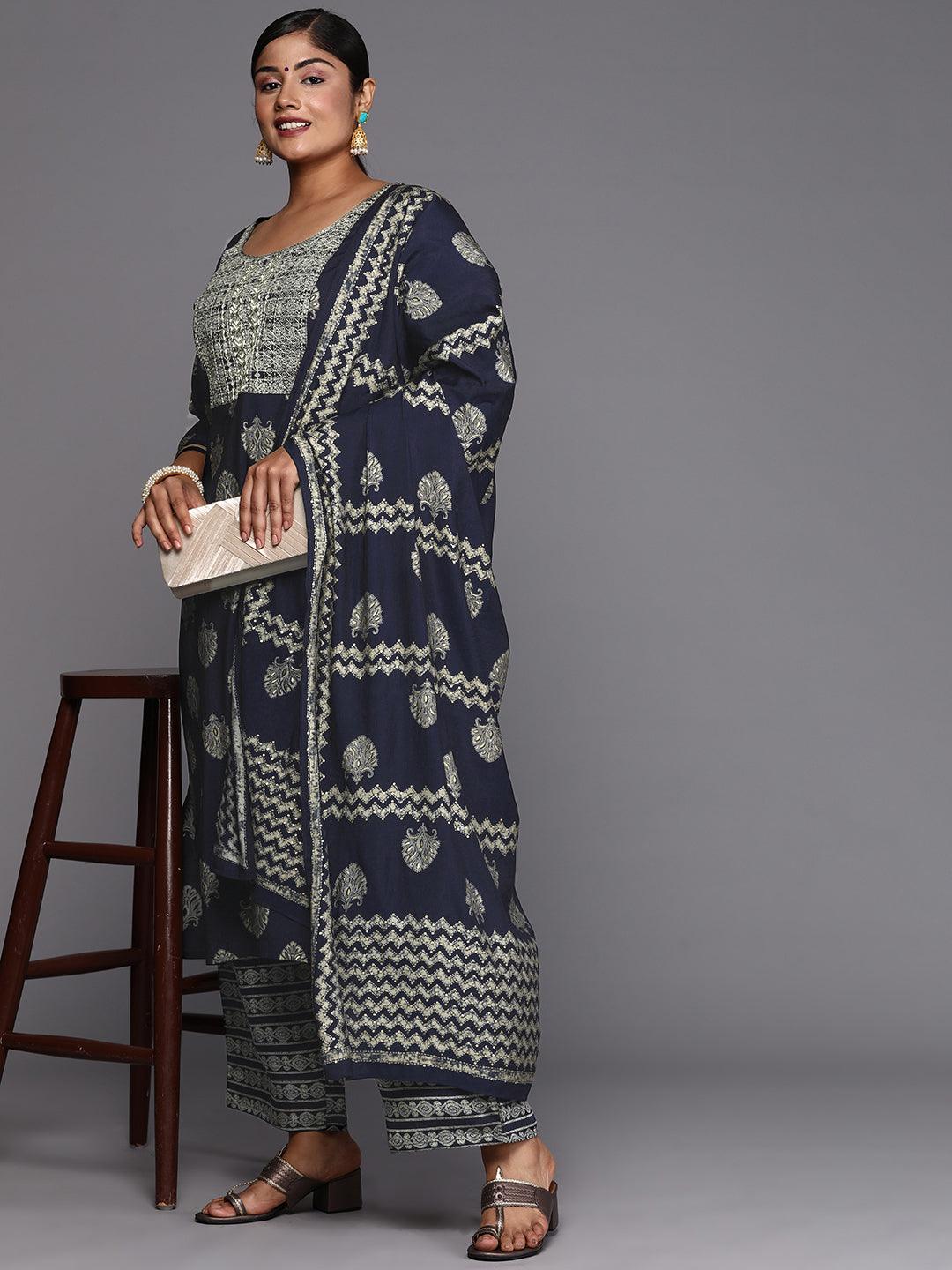 Blue Printed Silk Blend Straight Kurta With Trousers & Dupatta - Libas 