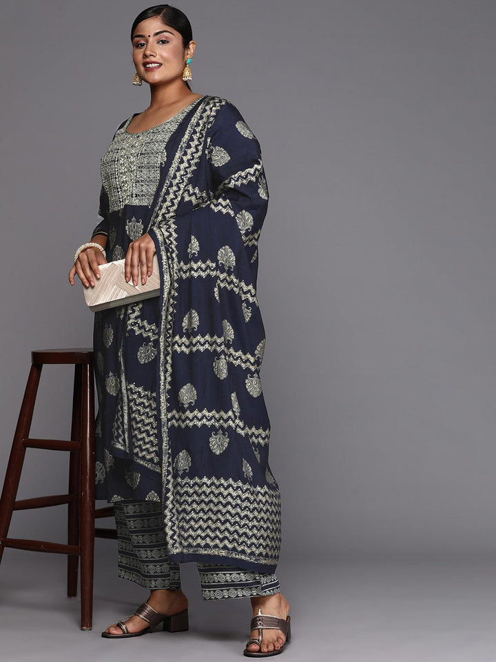 Blue Printed Silk Blend Straight Kurta With Trousers & Dupatta - Libas