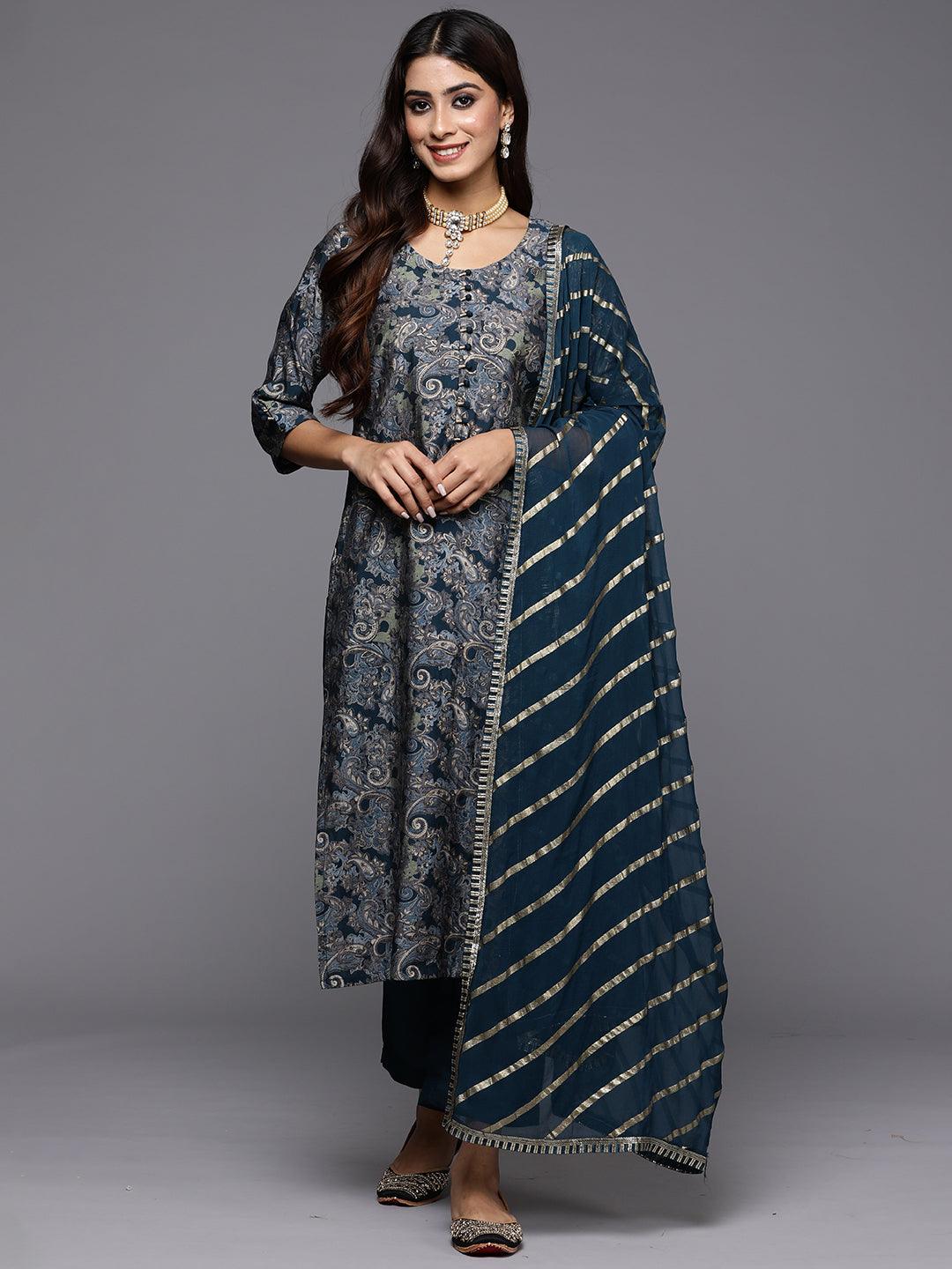 Blue Printed Silk Blend Straight Kurta With Trousers & Dupatta - Libas