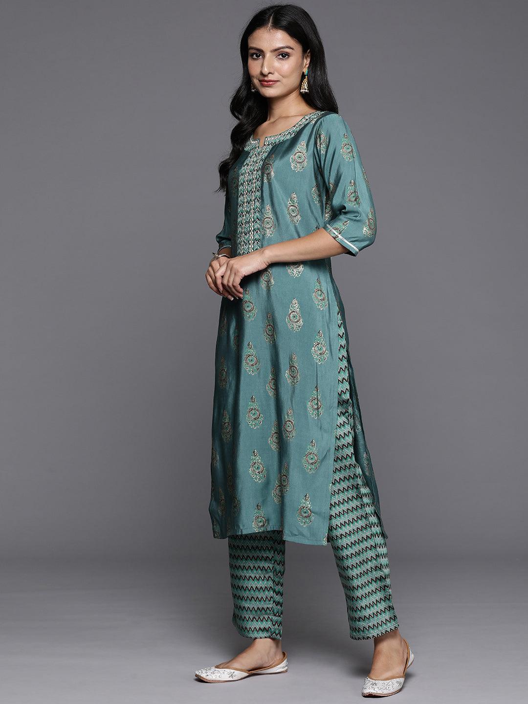 Blue Printed Silk Blend Straight Kurta With Trousers & Dupatta - Libas 