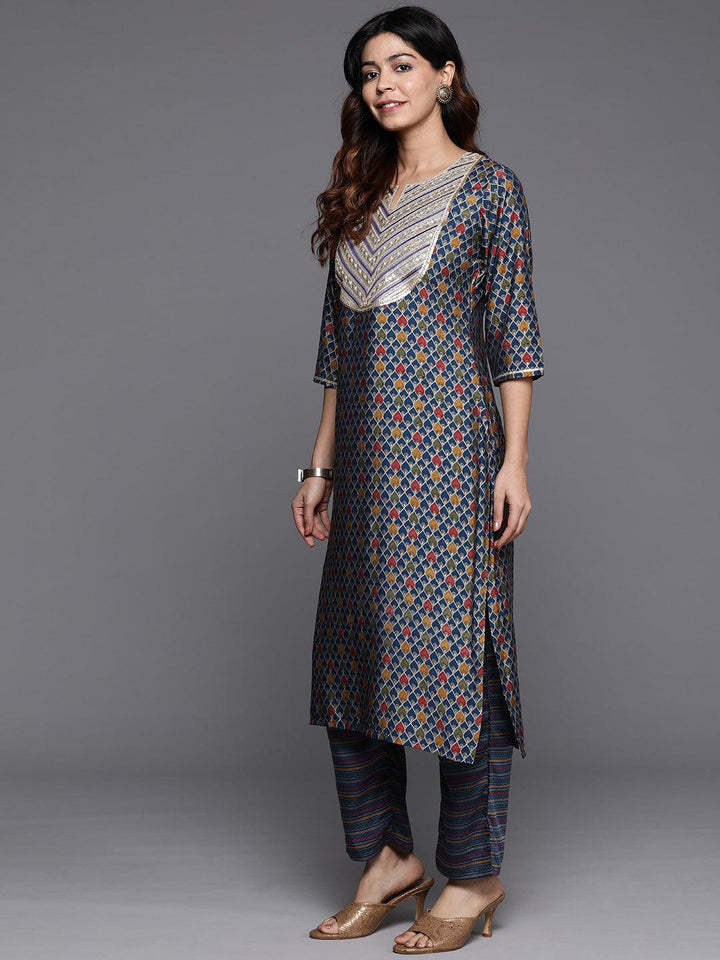 Blue Printed Silk Blend Straight Kurta With Trousers & Dupatta - Libas