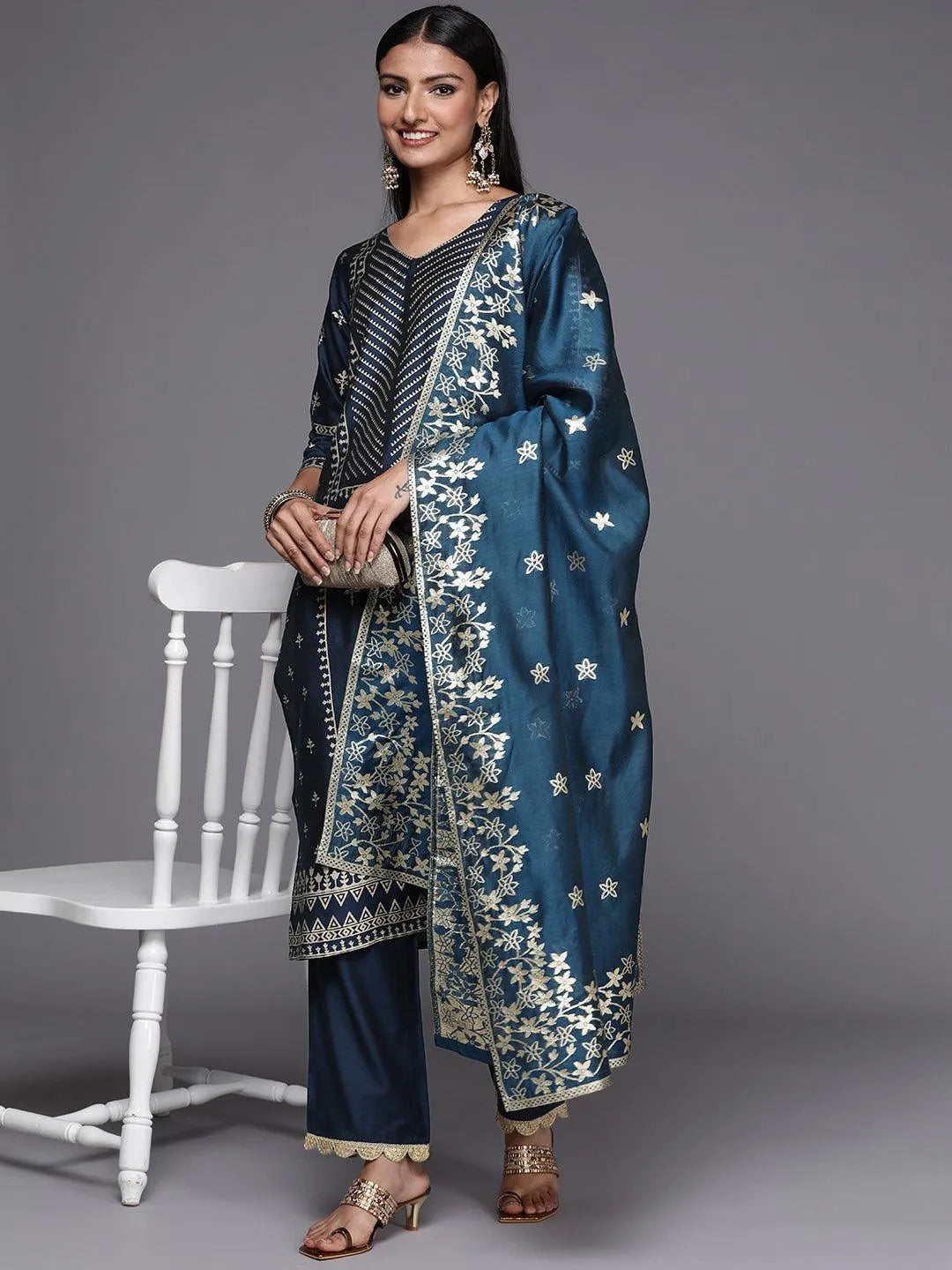 Blue Printed Silk Blend Straight Suit Set - Libas