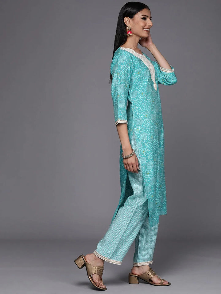 Blue Printed Silk Blend Straight Suit Set - Libas