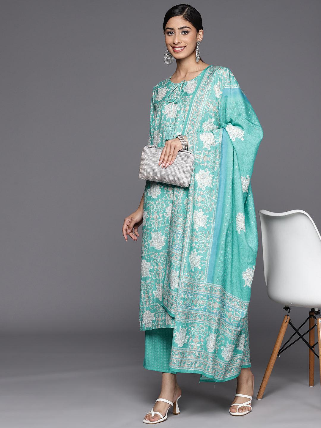 Blue Printed Silk Blend Straight Suit Set With Trousers - Libas 