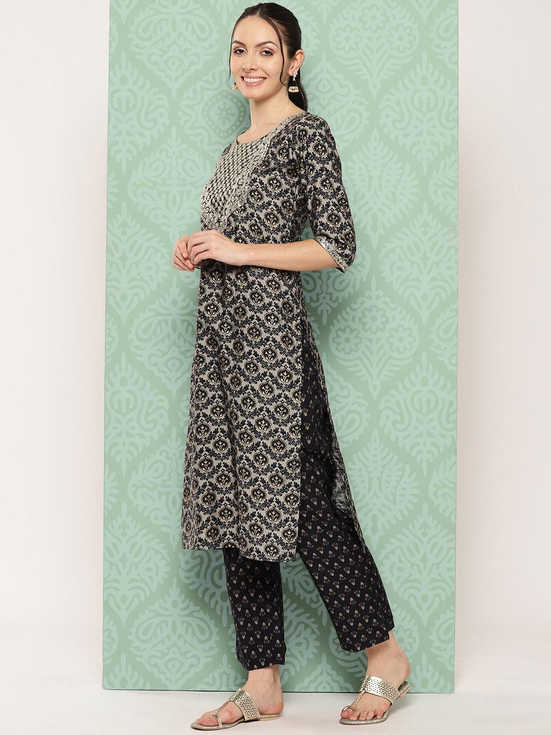 Blue Printed Silk Blend Straight Kurta With Trousers & Dupatta - Libas 