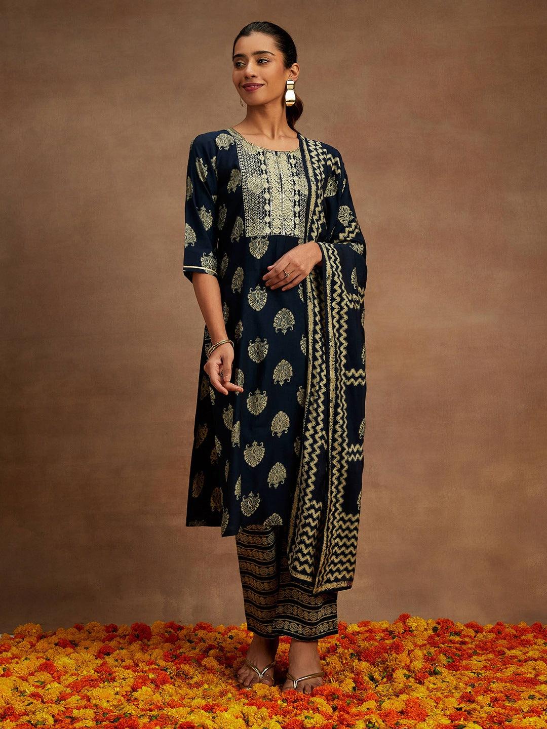 Blue Printed Silk Blend Straight Kurta With Trousers & Dupatta - Libas 