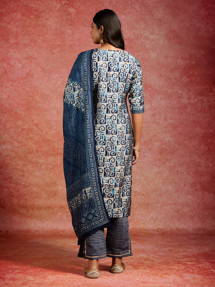 Blue Printed Silk Blend Straight Kurta With Trousers & Dupatta - Libas