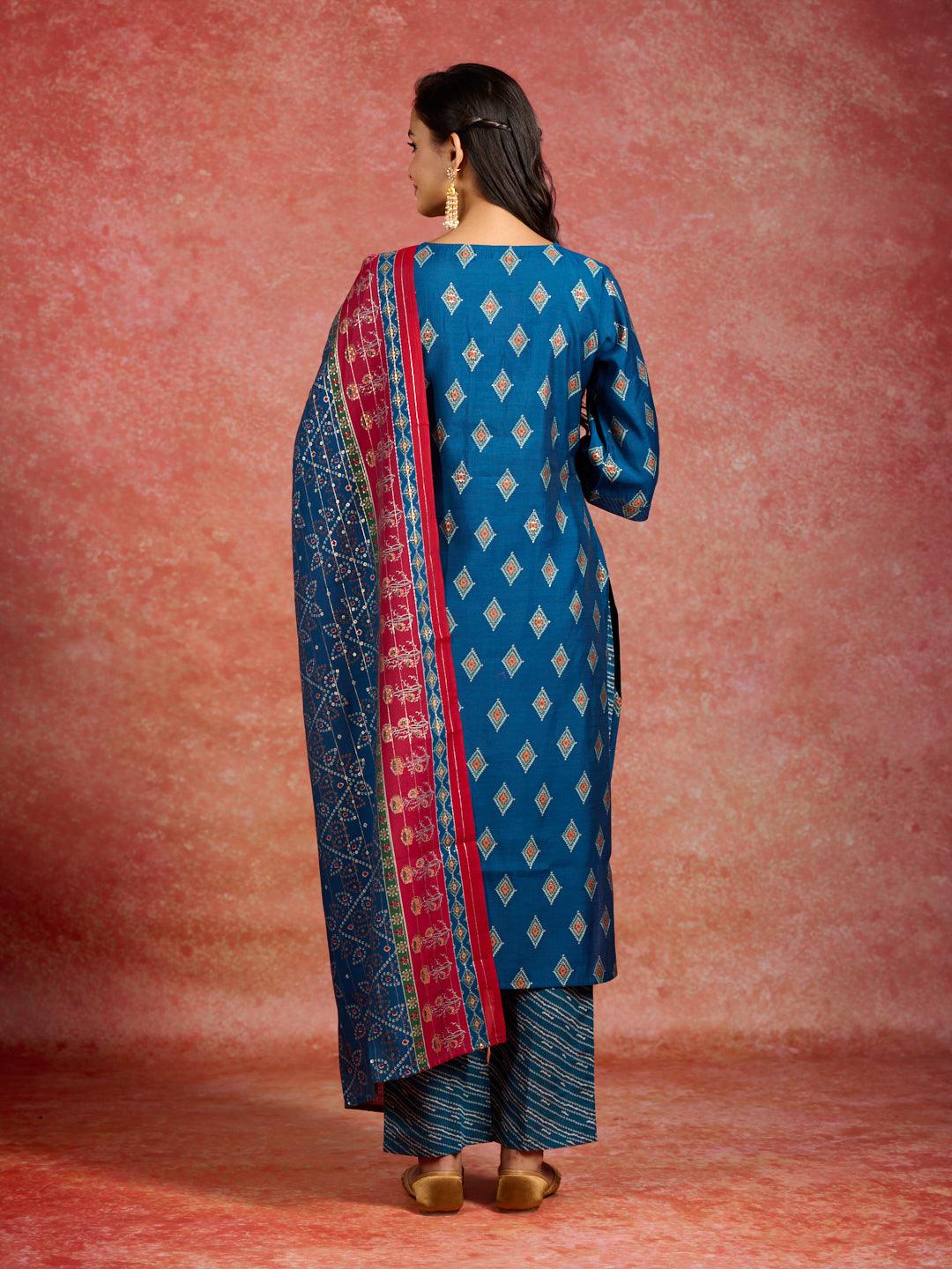 Blue Printed Silk Blend Straight Kurta With Trousers & Dupatta - Libas 