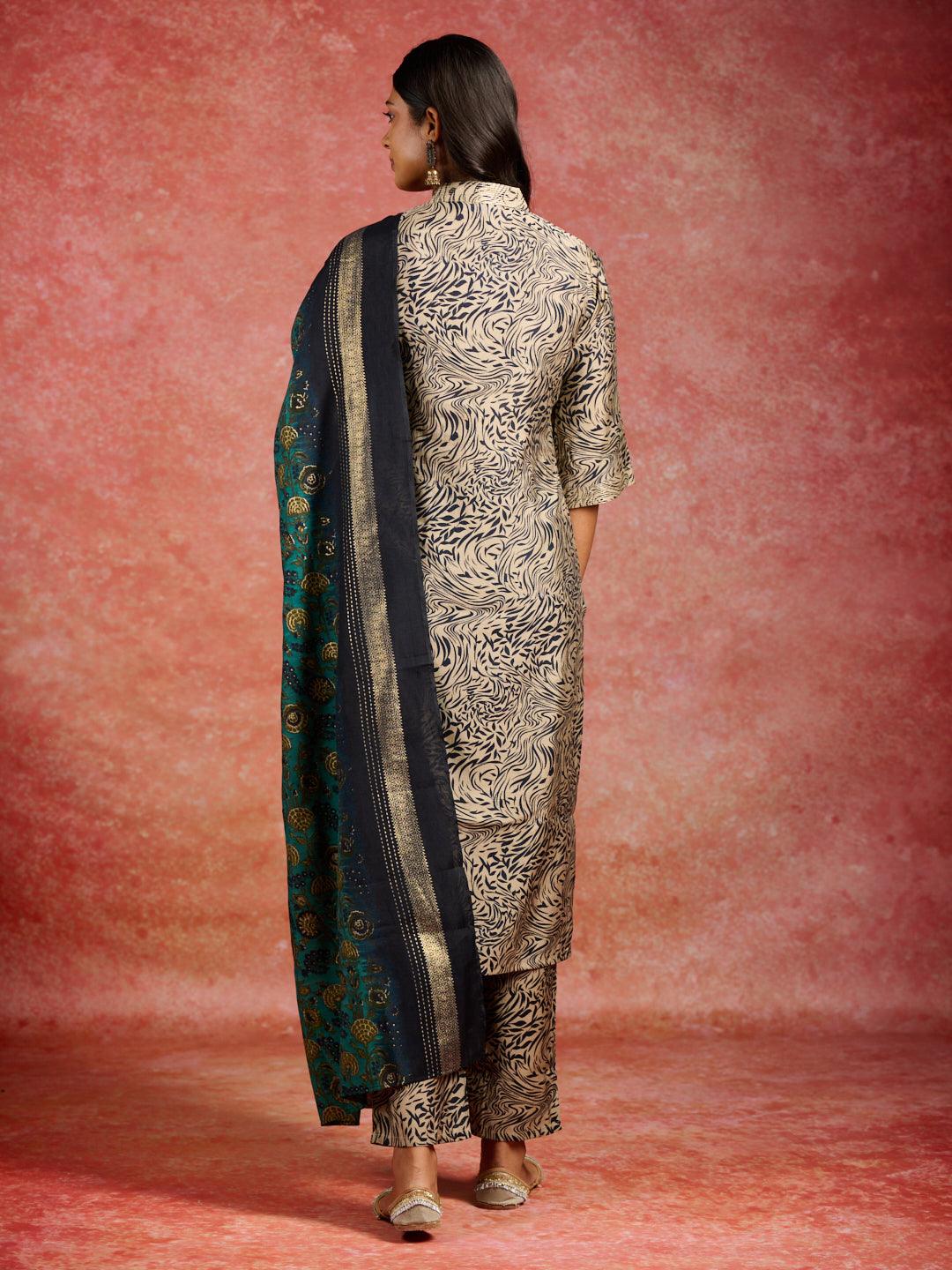 Blue Printed Silk Blend Straight Kurta With Trousers & Dupatta - Libas