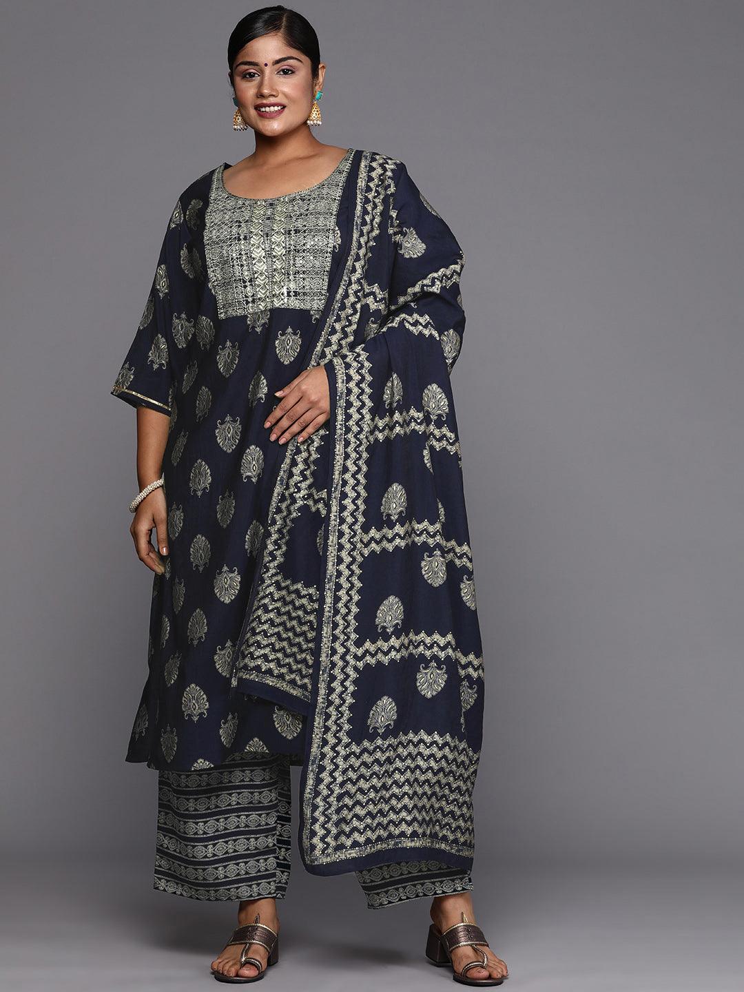 Blue Printed Silk Blend Straight Kurta With Trousers & Dupatta - Libas 