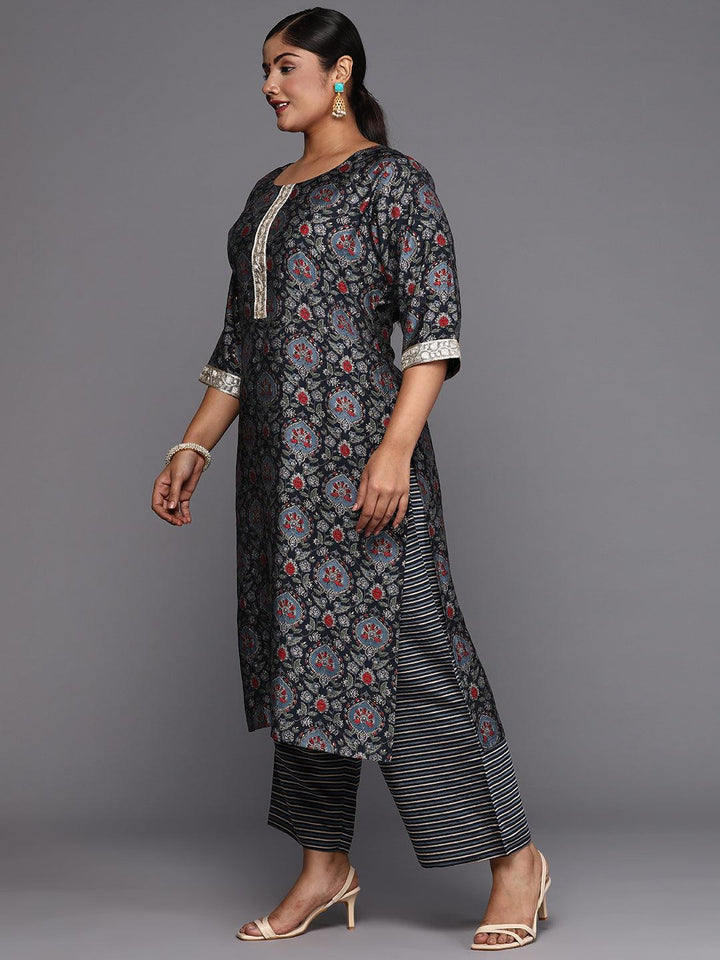 Blue Printed Silk Blend Straight Kurta With Trousers & Dupatta - Libas