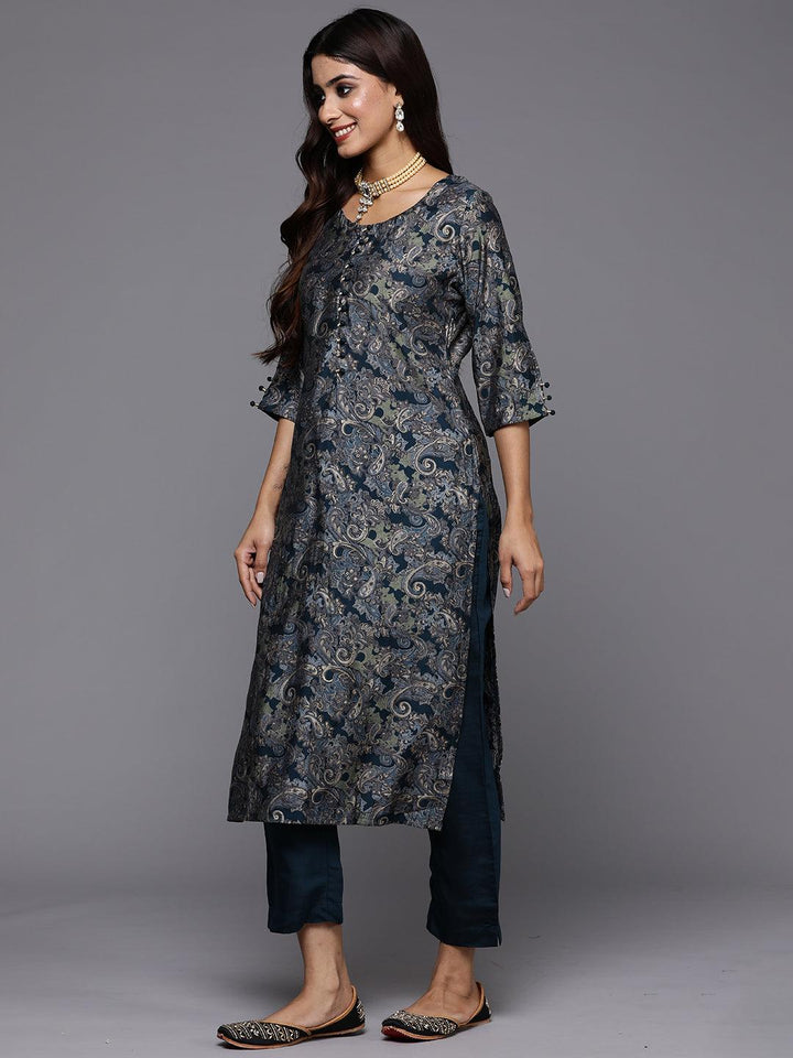 Blue Printed Silk Blend Straight Kurta With Trousers & Dupatta - Libas