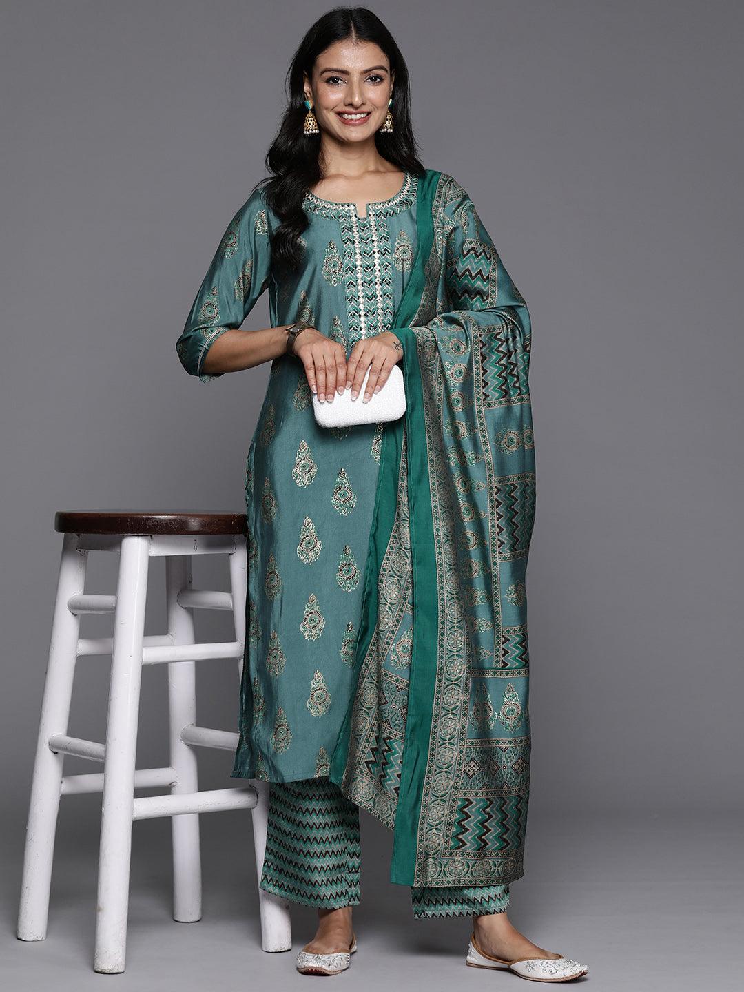 Blue Printed Silk Blend Straight Kurta With Trousers & Dupatta - Libas 