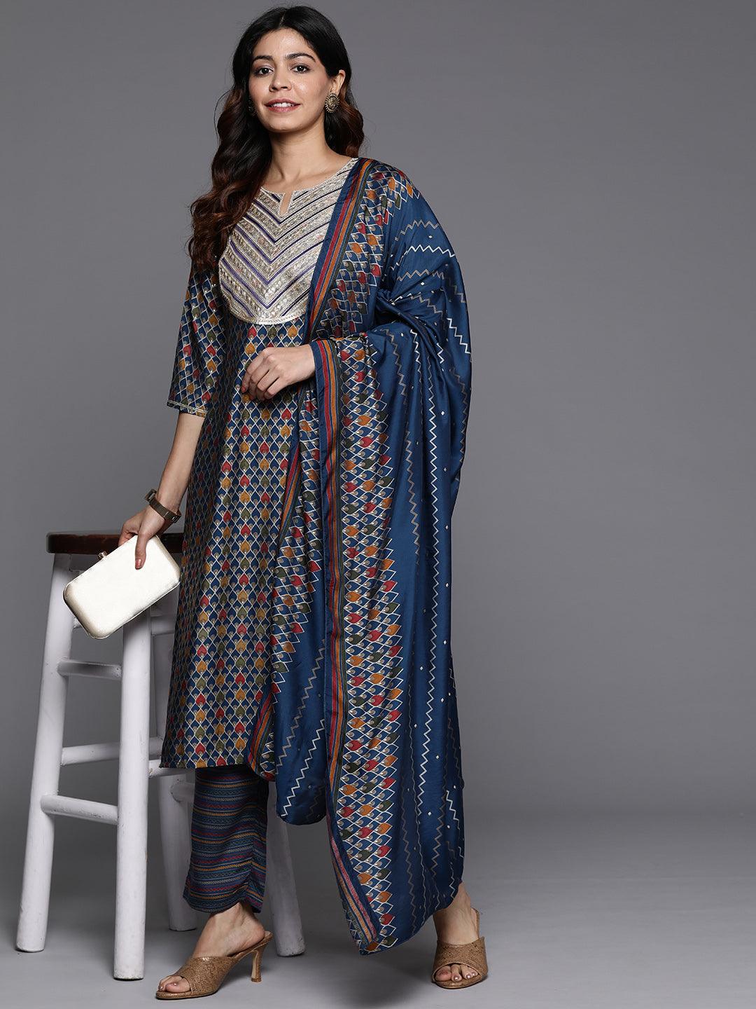 Blue Printed Silk Blend Straight Kurta With Trousers & Dupatta - Libas