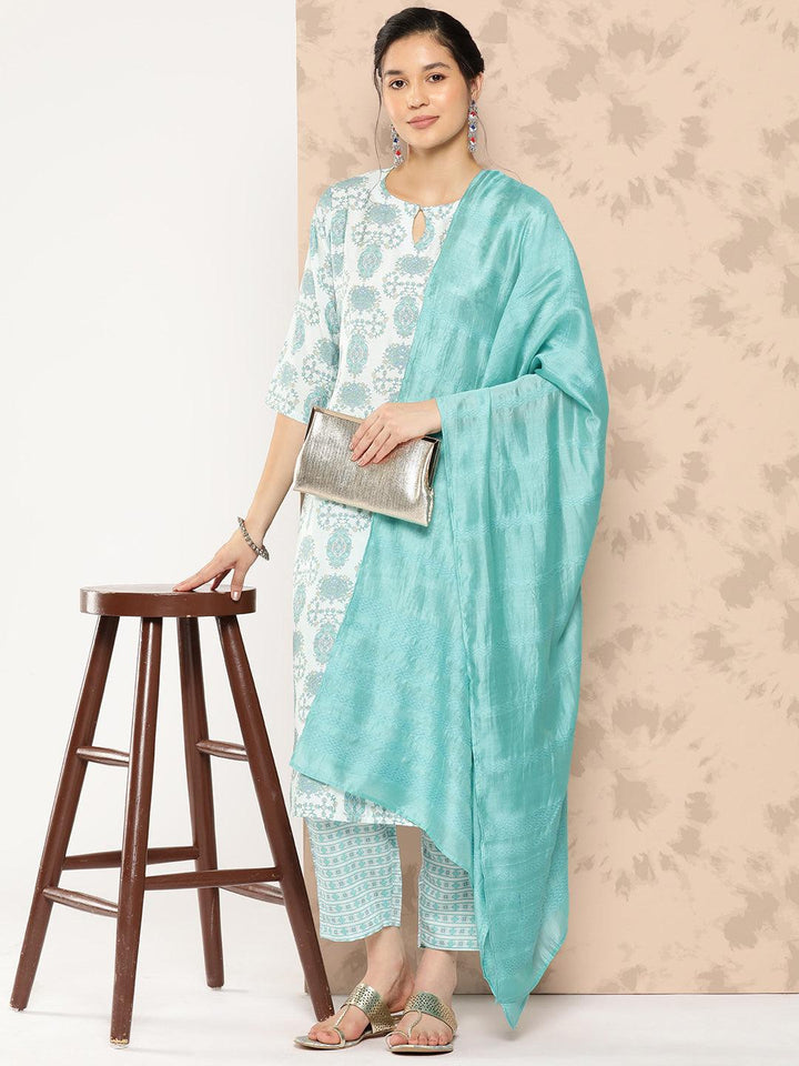 Blue Printed Silk Blend Straight Kurta With Trousers and Dupatta - Libas