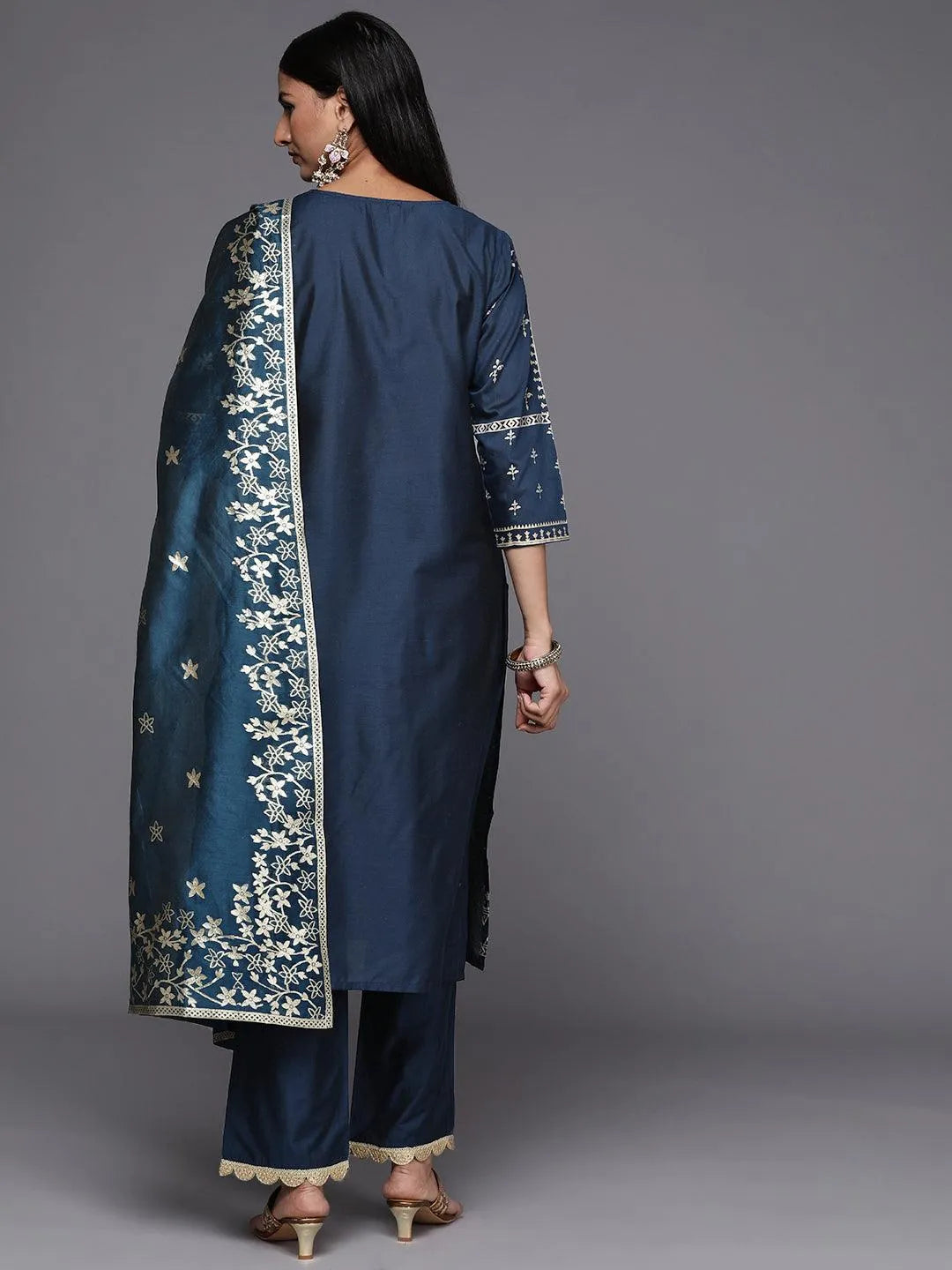 Blue Printed Silk Blend Straight Suit Set - Libas 