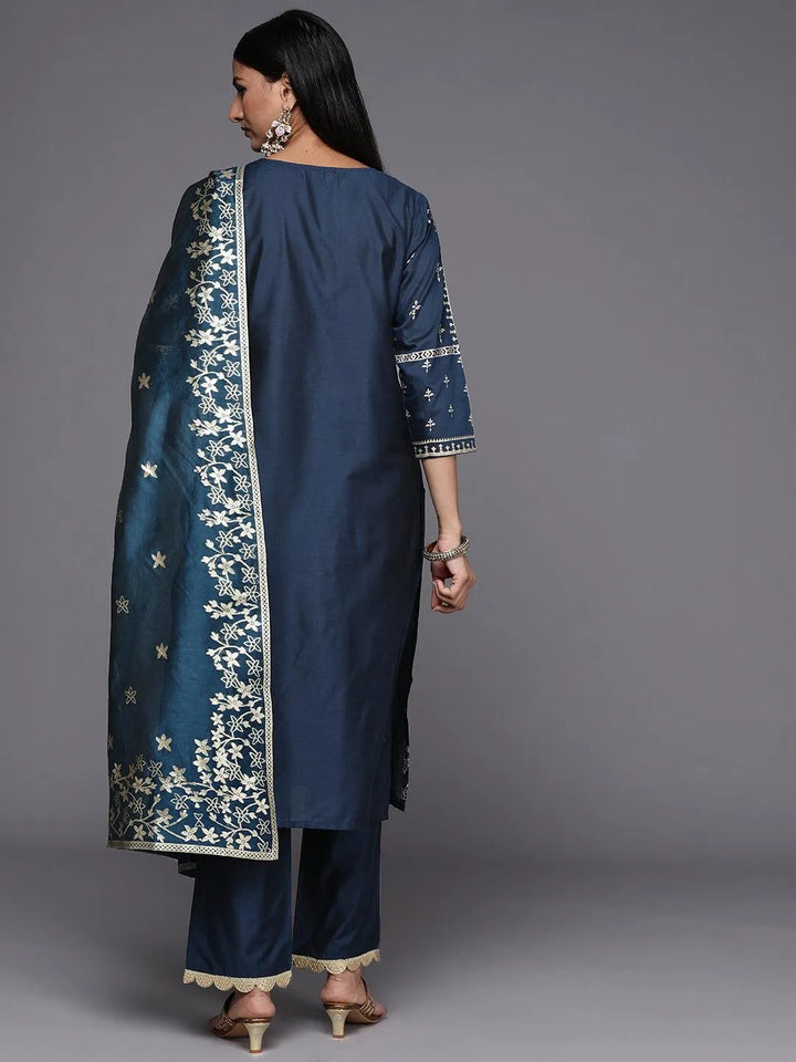 Blue Printed Silk Blend Straight Suit Set - Libas