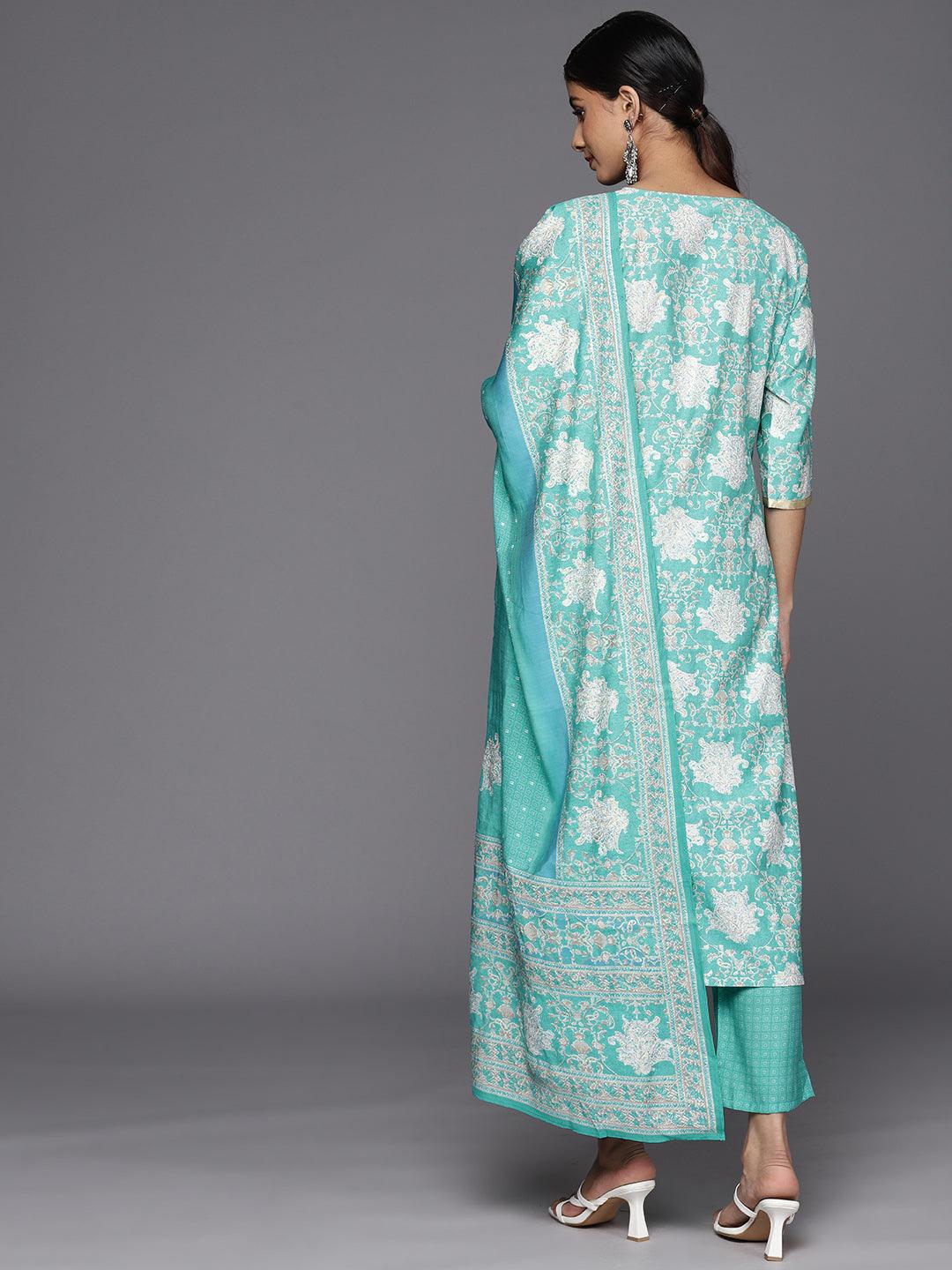 Blue Printed Silk Blend Straight Suit Set With Trousers - Libas 