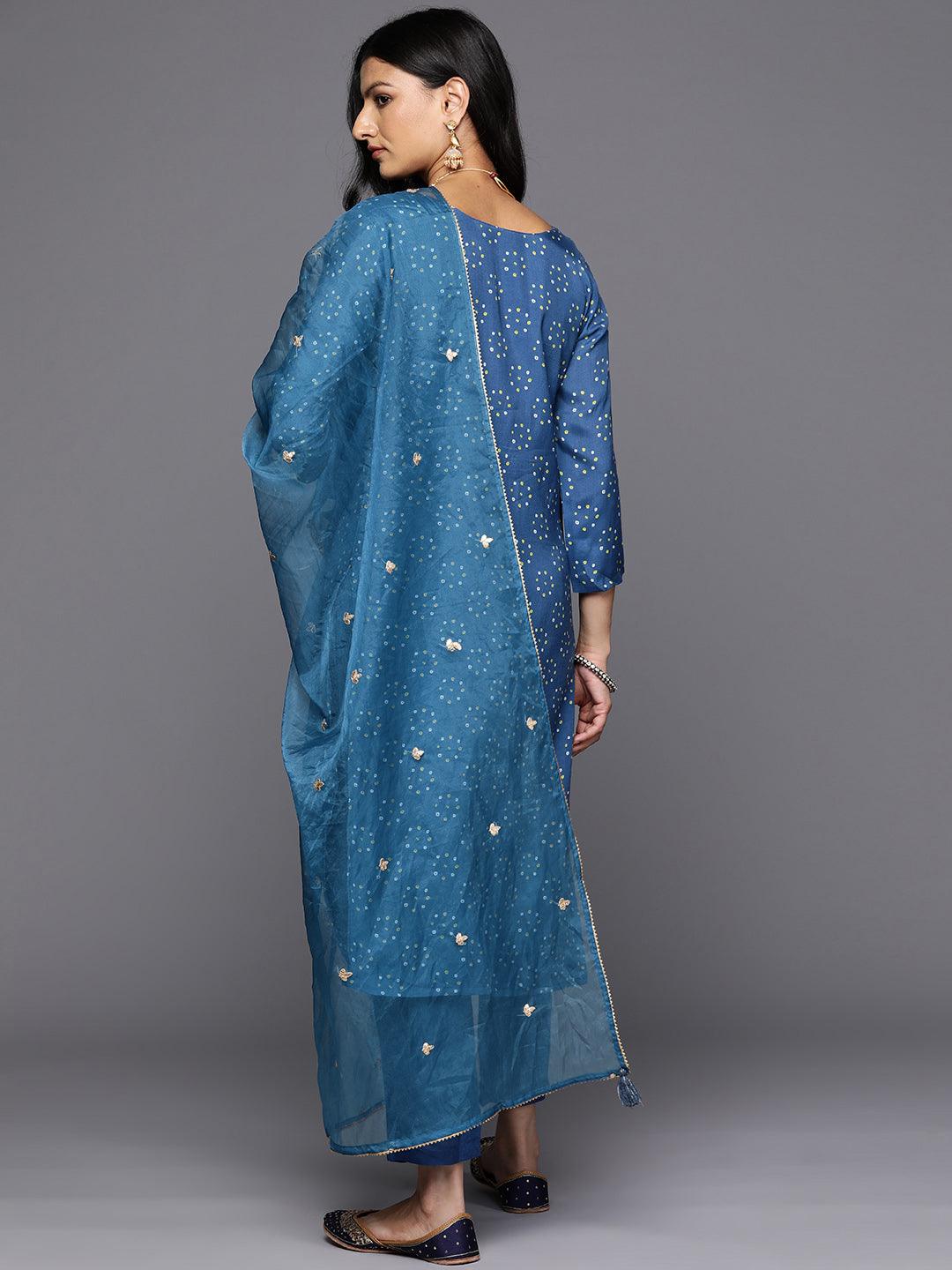 Blue Printed Silk Blend Straight Kurta With Trousers & Dupatta - Libas