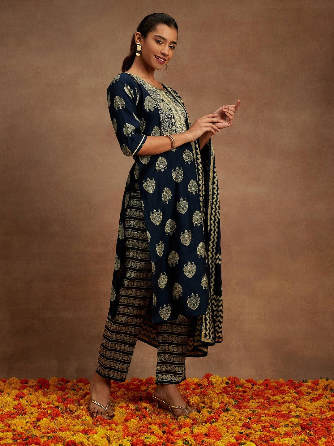 Blue Printed Silk Blend Straight Kurta With Trousers & Dupatta - Libas 