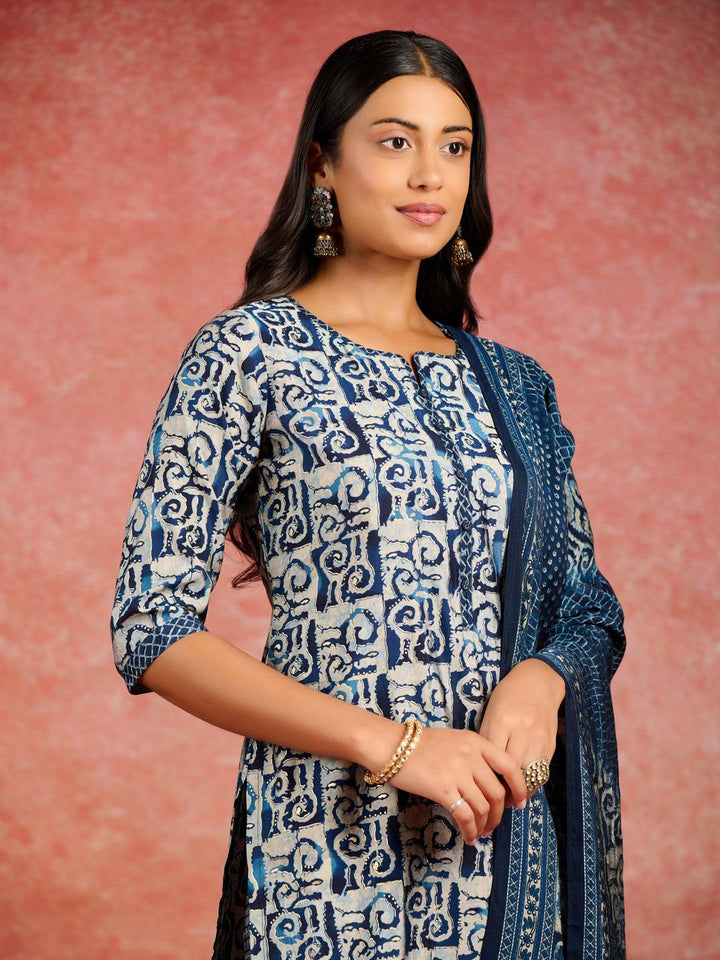 Blue Printed Silk Blend Straight Kurta With Trousers & Dupatta - Libas