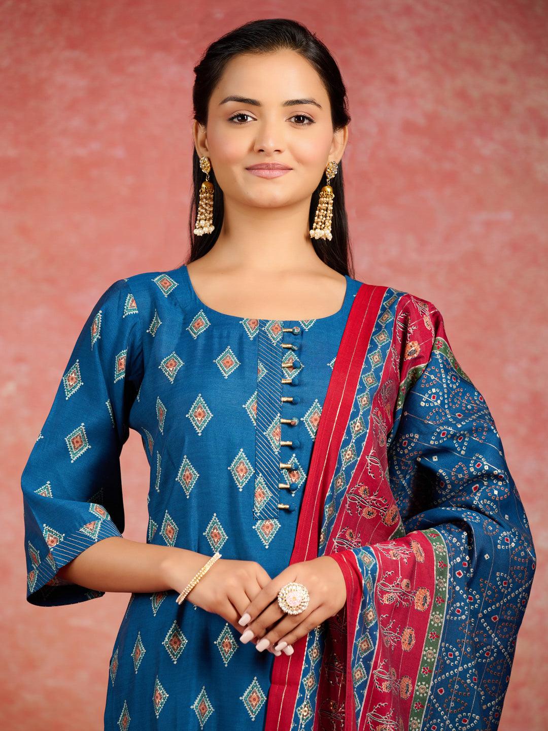 Blue Printed Silk Blend Straight Kurta With Trousers & Dupatta - Libas 