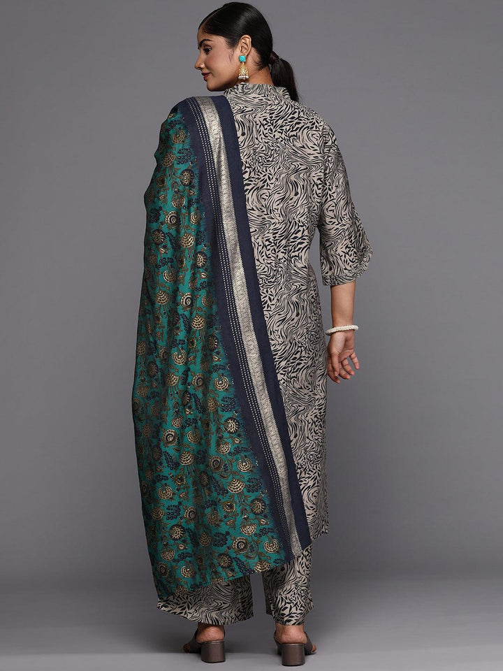 Blue Printed Silk Blend Straight Kurta With Trousers & Dupatta - Libas