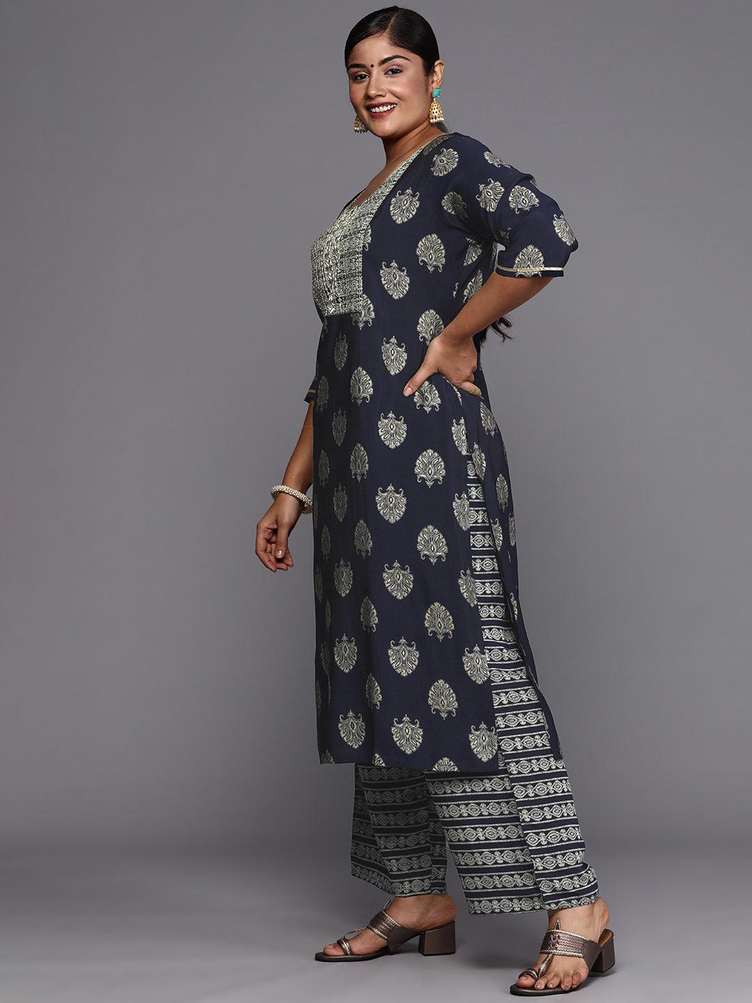 Blue Printed Silk Blend Straight Kurta With Trousers & Dupatta - Libas 