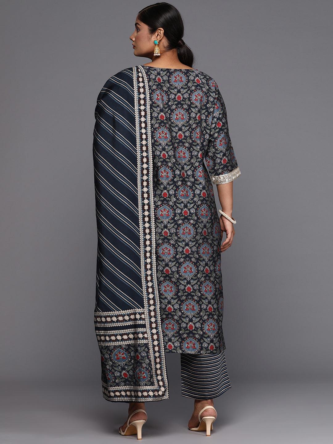 Blue Printed Silk Blend Straight Kurta With Trousers & Dupatta - Libas