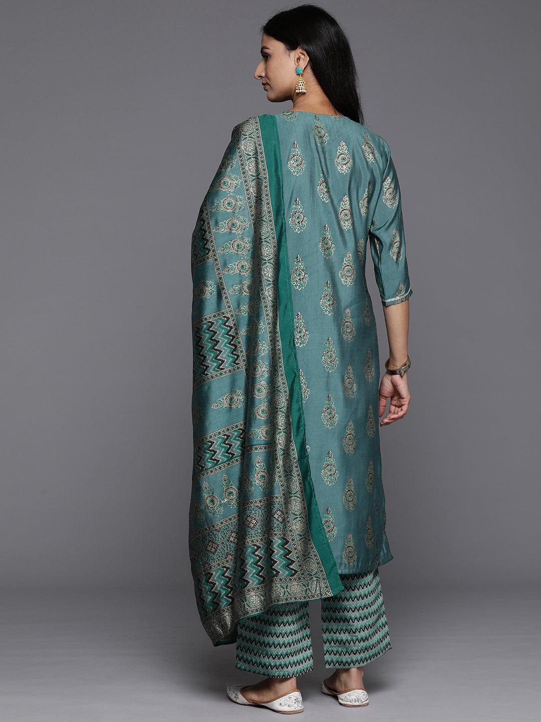 Blue Printed Silk Blend Straight Kurta With Trousers & Dupatta - Libas 