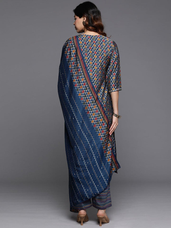 Blue Printed Silk Blend Straight Kurta With Trousers & Dupatta - Libas