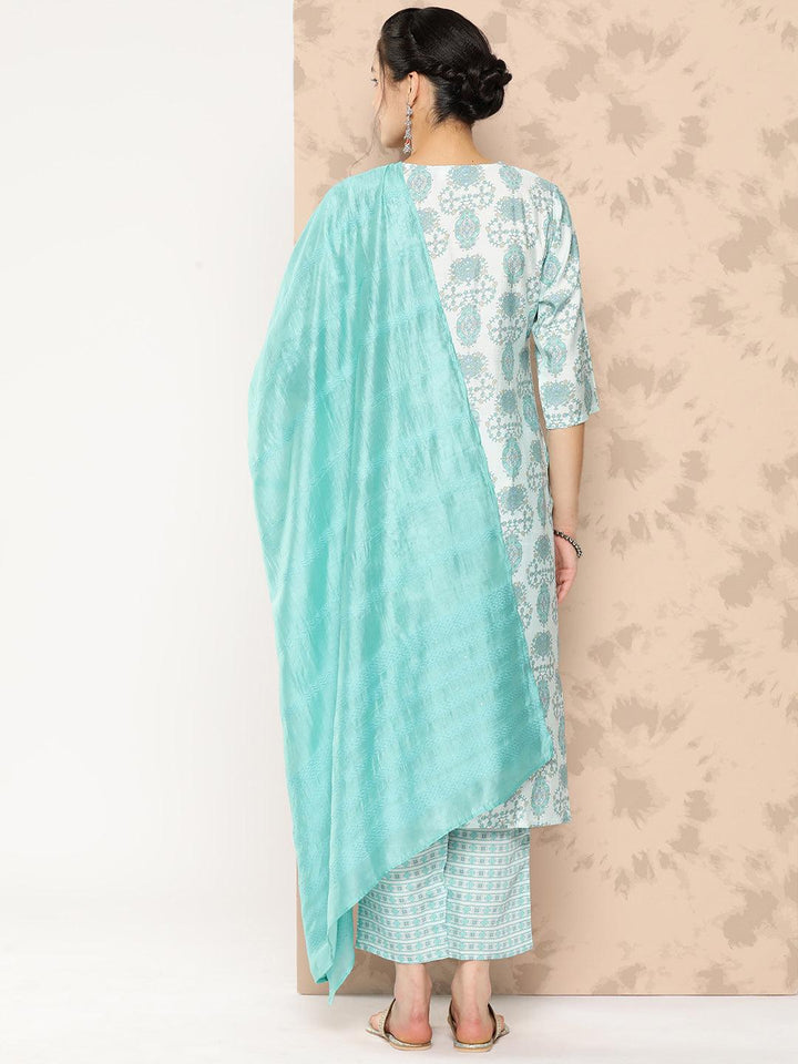 Blue Printed Silk Blend Straight Kurta With Trousers and Dupatta - Libas