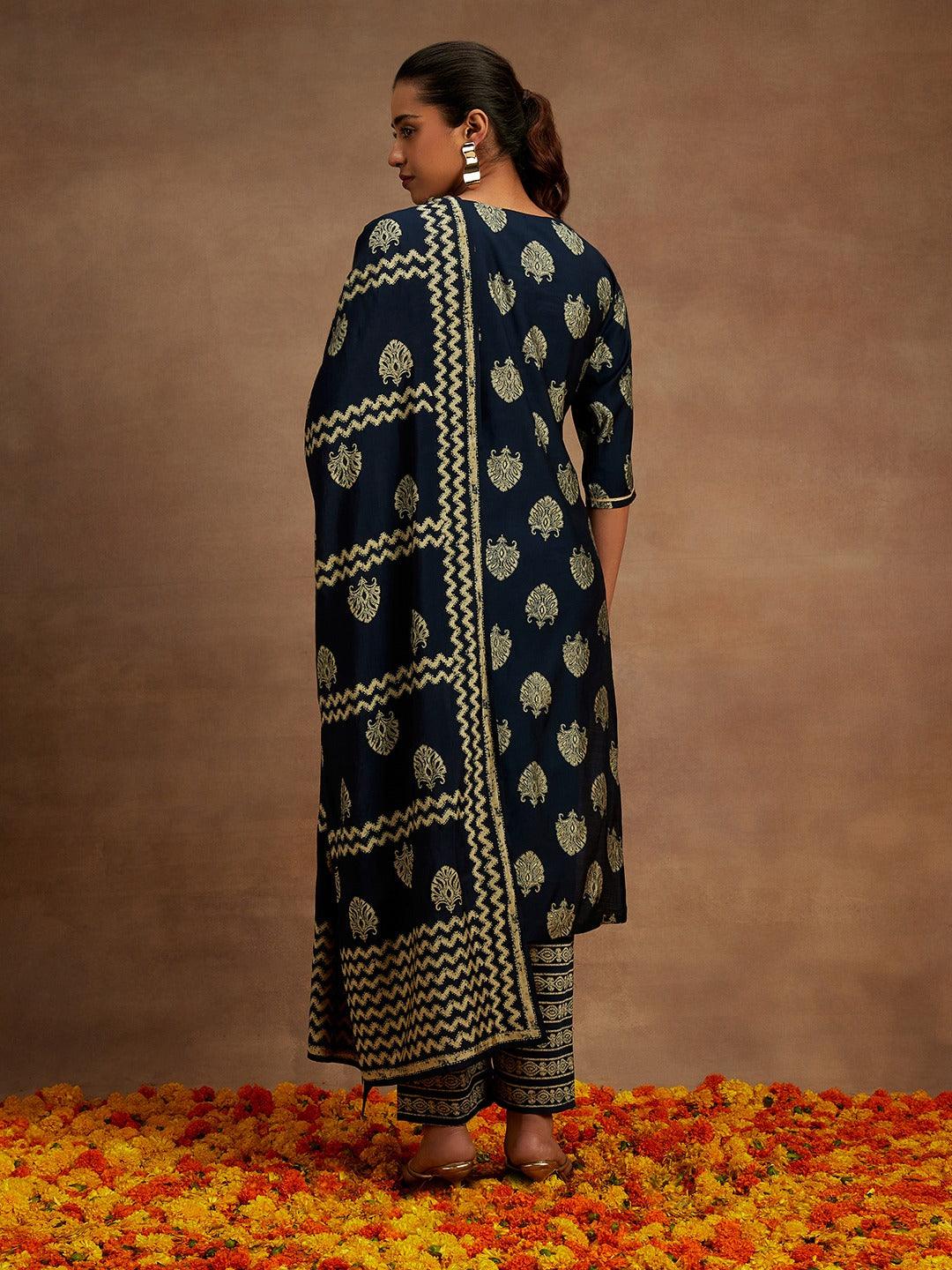 Blue Printed Silk Blend Straight Kurta With Trousers & Dupatta - Libas