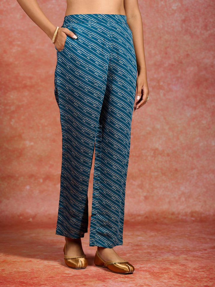 Blue Printed Silk Blend Straight Kurta With Trousers & Dupatta - Libas