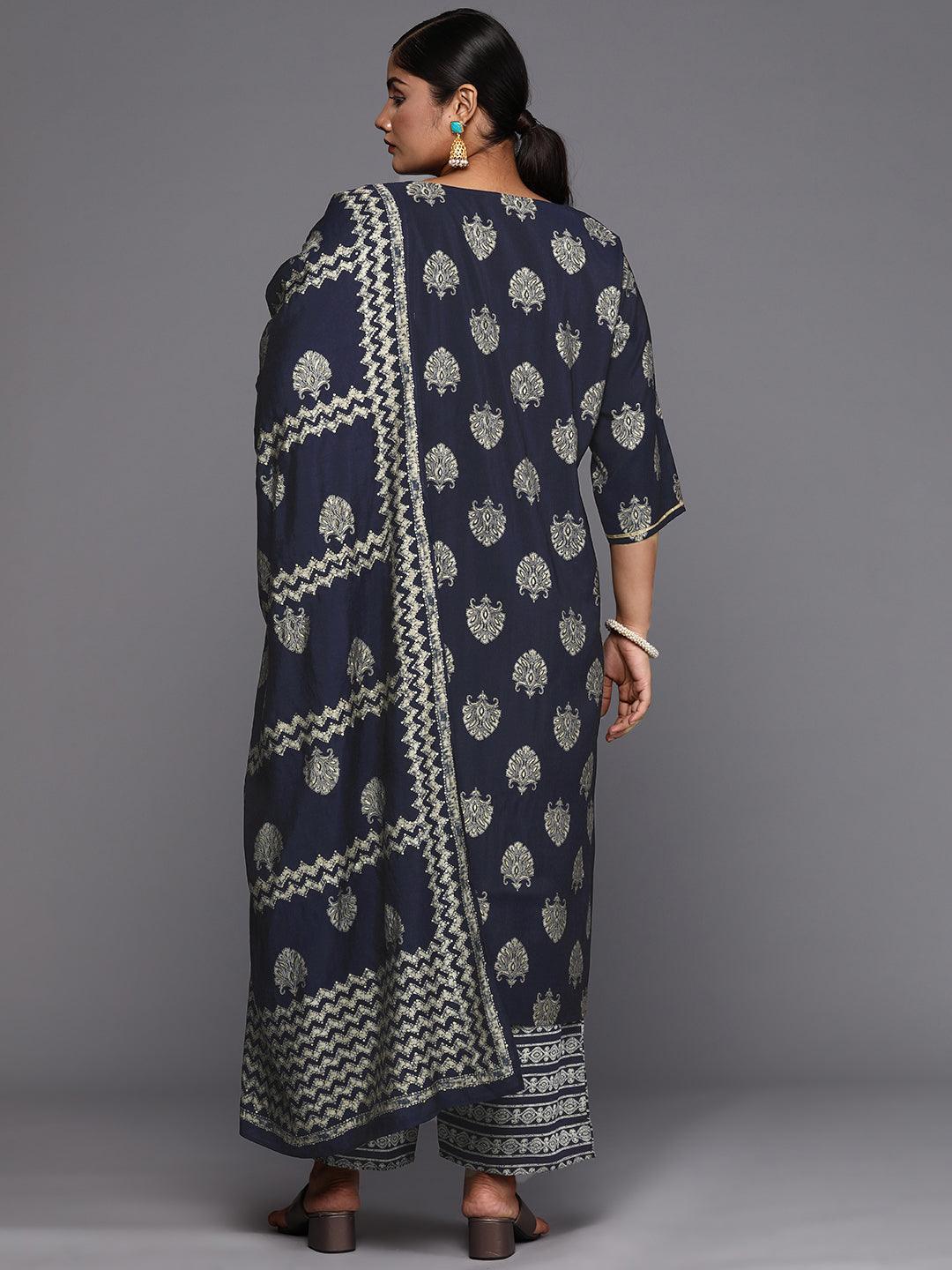 Plus Size Blue Printed Silk Blend Straight Suit With Dupatta
