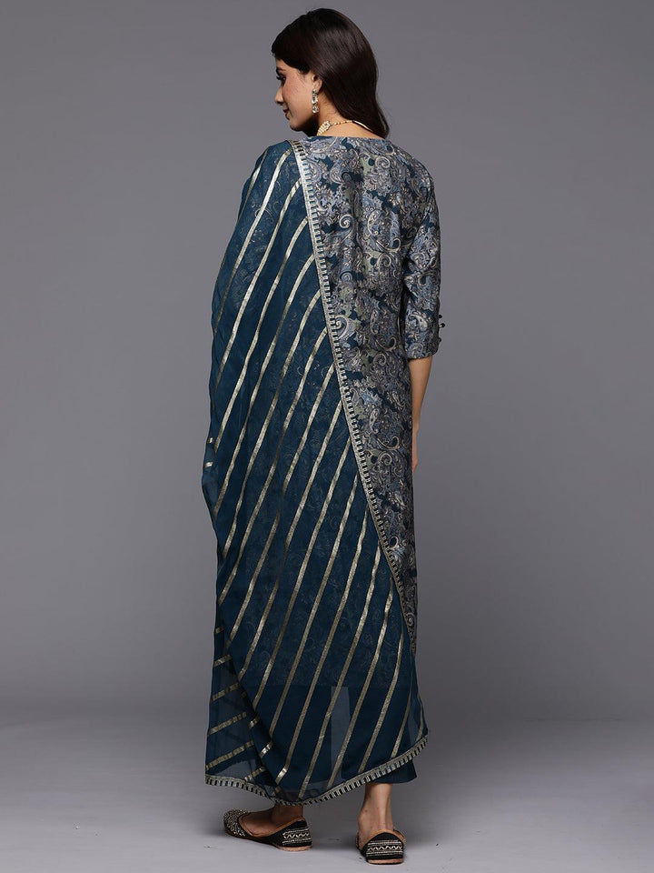 Blue Printed Silk Blend Straight Kurta With Trousers & Dupatta - Libas